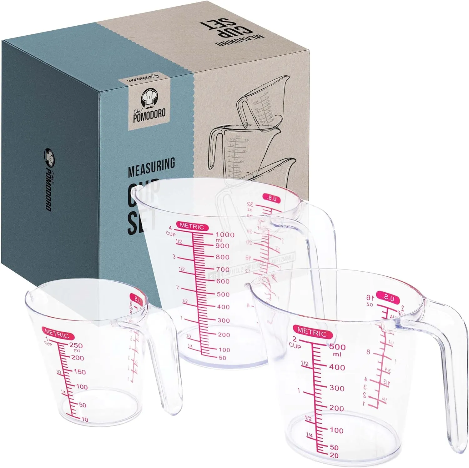 Chef Pomodoro 3-Piece Liquid Meausuring Cups Set - Ml and Oz Measuring Cup - Includes 1, 2 and 4 Cup, BPA-Free Plastic Measuring Cups for Liquids, Stackable Nesting Measuring Cup