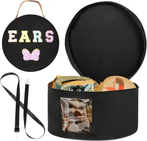 Chenille Letter Bow Mouse Ears Travel Case Zippered Round Tiara Tote Headband Ears Display Storage Box with Shoulder Straps for Hairband Tiara and Hair Accessories Storage Travel Picnic Park