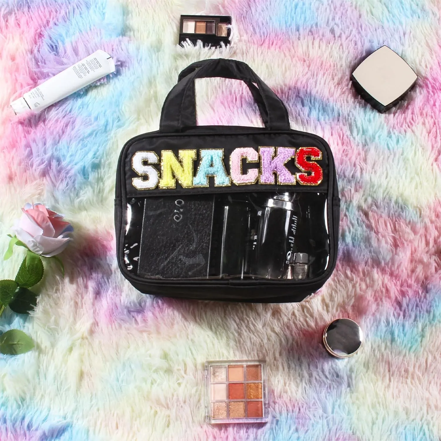 Chenille Letter Clear Makeup Bags, Snacks Bag for Travel, Preppy Patch Nylon Cosmetic Bag with Handles and Zipper, Waterproof Large Clear Travel Toiletry Bag Storage Bag for Women Black