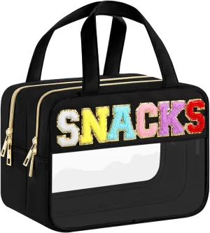 Chenille Letter Clear Makeup Bags, Snacks Bag for Travel, Preppy Patch Nylon Cosmetic Bag with Handles and Zipper, Waterproof Large Clear Travel Toiletry Bag Storage Bag for Women Black