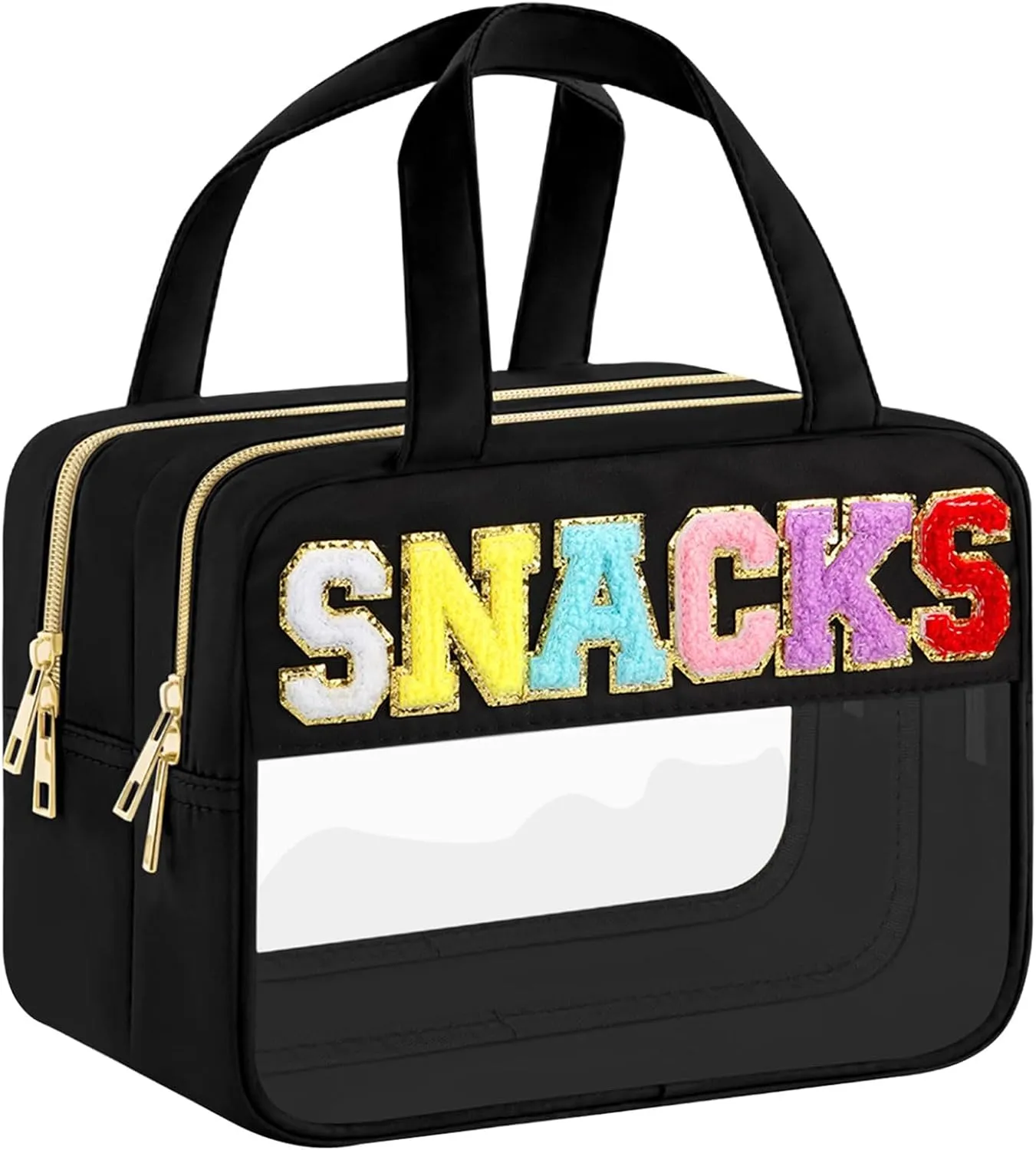 Chenille Letter Clear Makeup Bags, Snacks Bag for Travel, Preppy Patch Nylon Cosmetic Bag with Handles and Zipper, Waterproof Large Clear Travel Toiletry Bag Storage Bag for Women Black