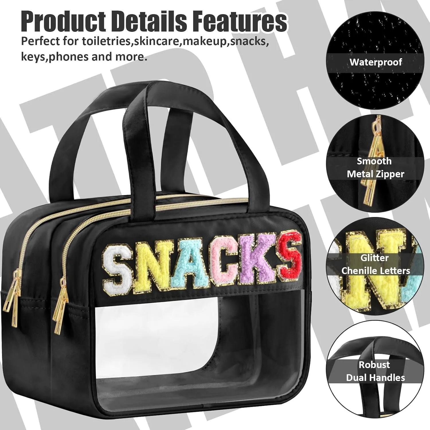 Chenille Letter Clear Makeup Bags, Snacks Bag for Travel, Preppy Patch Nylon Cosmetic Bag with Handles and Zipper, Waterproof Large Clear Travel Toiletry Bag Storage Bag for Women Black