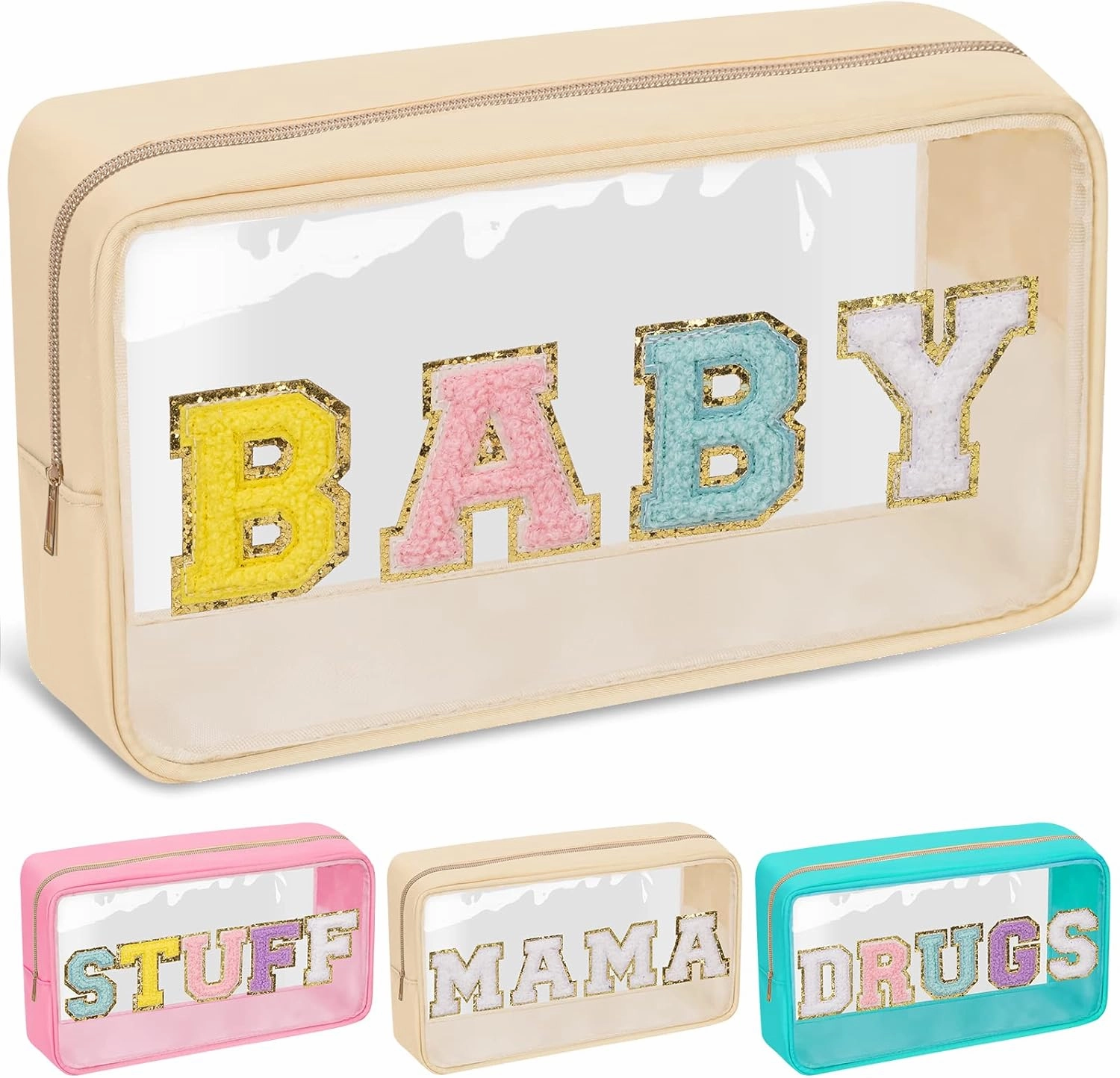Chenille Letter Clear Makeup Bag with Zipper and Waterproof Nylon