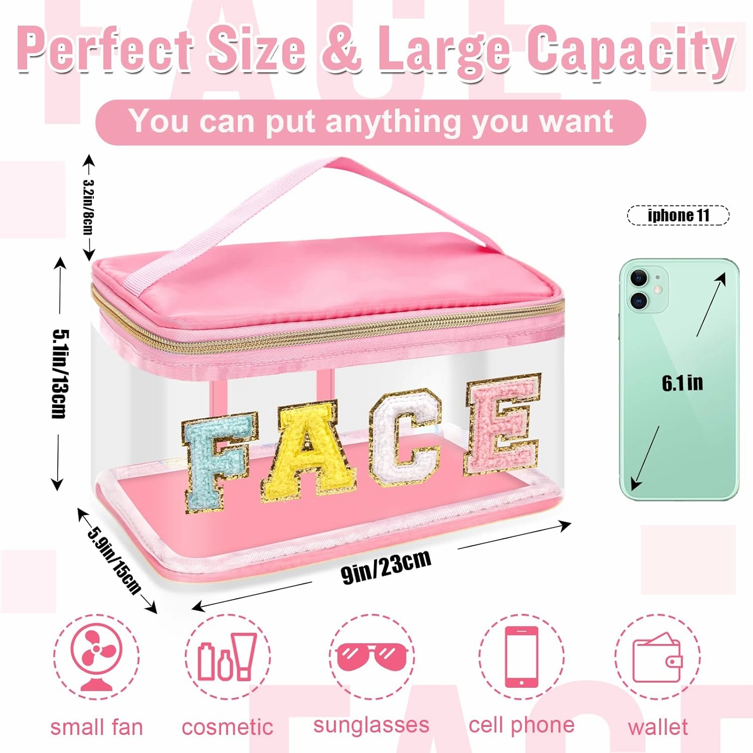 Chenille Letter Clear Makeup Bags Face Pouch, Preppy Patch Makeup Bag Zipper with Handle, Transparent PVC & Nylon Waterproof Glitter Cosmetic Handbag Travel Toiletry Storage for Women Girl(FACE-Pink)