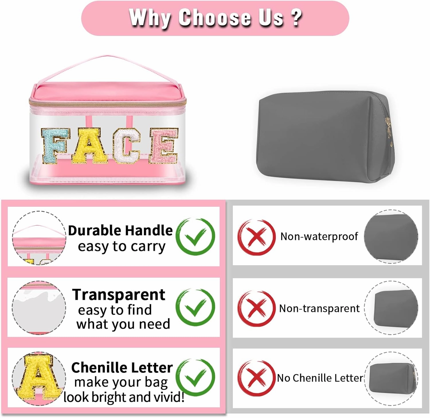 Chenille Letter Clear Makeup Bags Face Pouch, Preppy Patch Makeup Bag Zipper with Handle, Transparent PVC & Nylon Waterproof Glitter Cosmetic Handbag Travel Toiletry Storage for Women Girl(FACE-Pink)