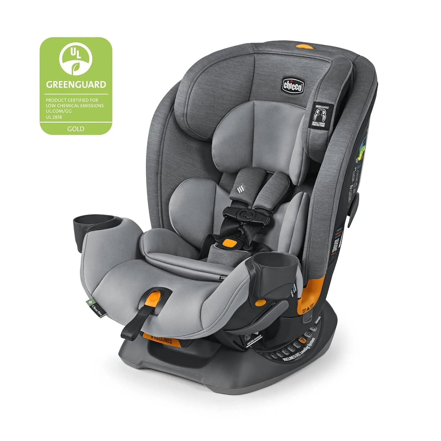 Chicco OneFit ClearTex All-in-One Car Seat, Slim Design, Rear-Facing Seat for Infants 5-40 lbs., Forward-Facing 25-65 lbs., Booster 40-100 lbs., Convertible Car Seat | Drift/Grey