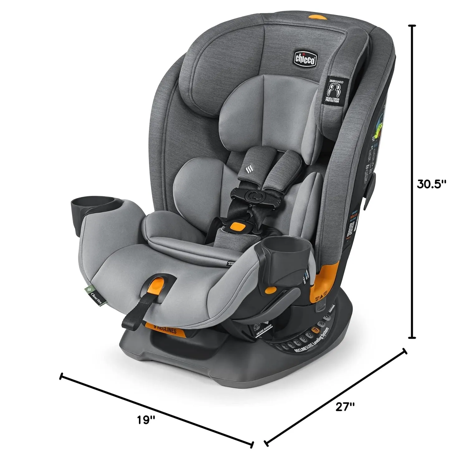 Chicco OneFit ClearTex All-in-One Car Seat, Slim Design, Rear-Facing Seat for Infants 5-40 lbs., Forward-Facing 25-65 lbs., Booster 40-100 lbs., Convertible Car Seat | Drift/Grey
