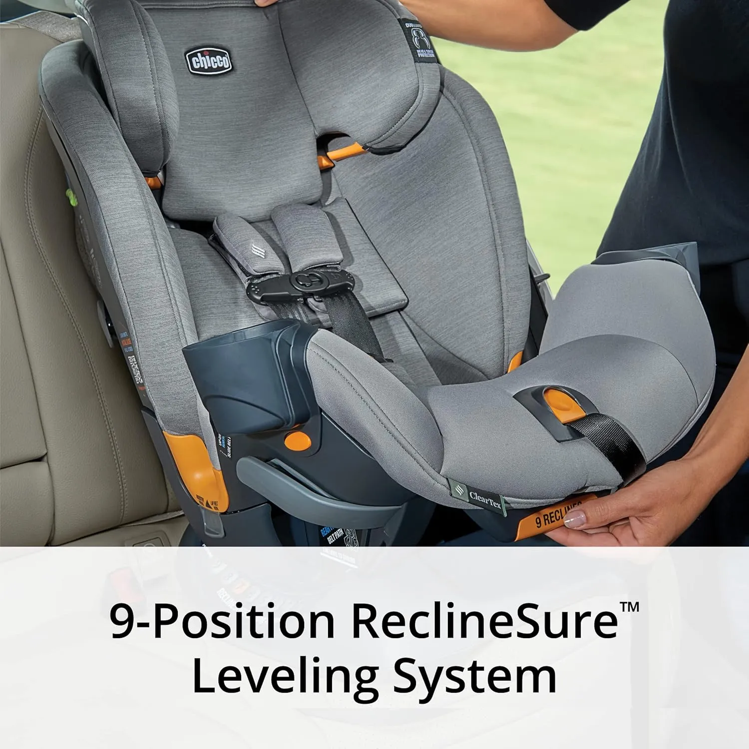 Chicco OneFit ClearTex All-in-One Car Seat, Slim Design, Rear-Facing Seat for Infants 5-40 lbs., Forward-Facing 25-65 lbs., Booster 40-100 lbs., Convertible Car Seat | Drift/Grey