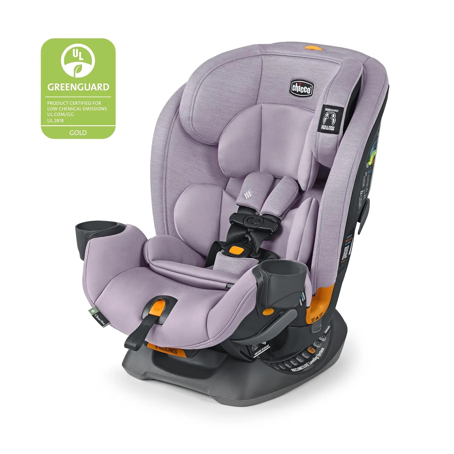 Chicco OneFit ClearTex All-in-One Car Seat, Slim Design, Rear-Facing Seat for Infants 5-40 lbs., Forward-Facing 25-65 lbs., Booster 40-100 lbs., Convertible Car Seat | Lilac/Purple