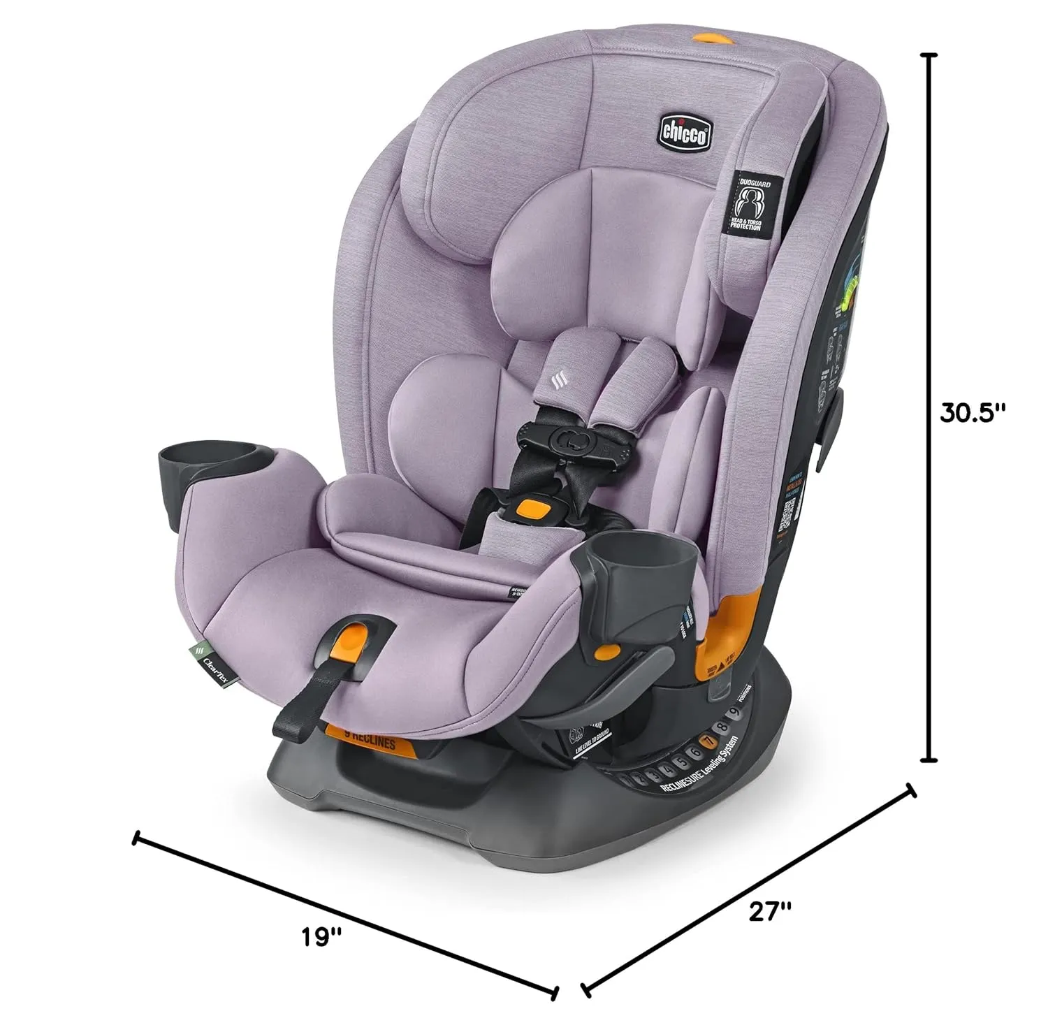 Chicco OneFit ClearTex All-in-One Car Seat, Slim Design, Rear-Facing Seat for Infants 5-40 lbs., Forward-Facing 25-65 lbs., Booster 40-100 lbs., Convertible Car Seat | Lilac/Purple