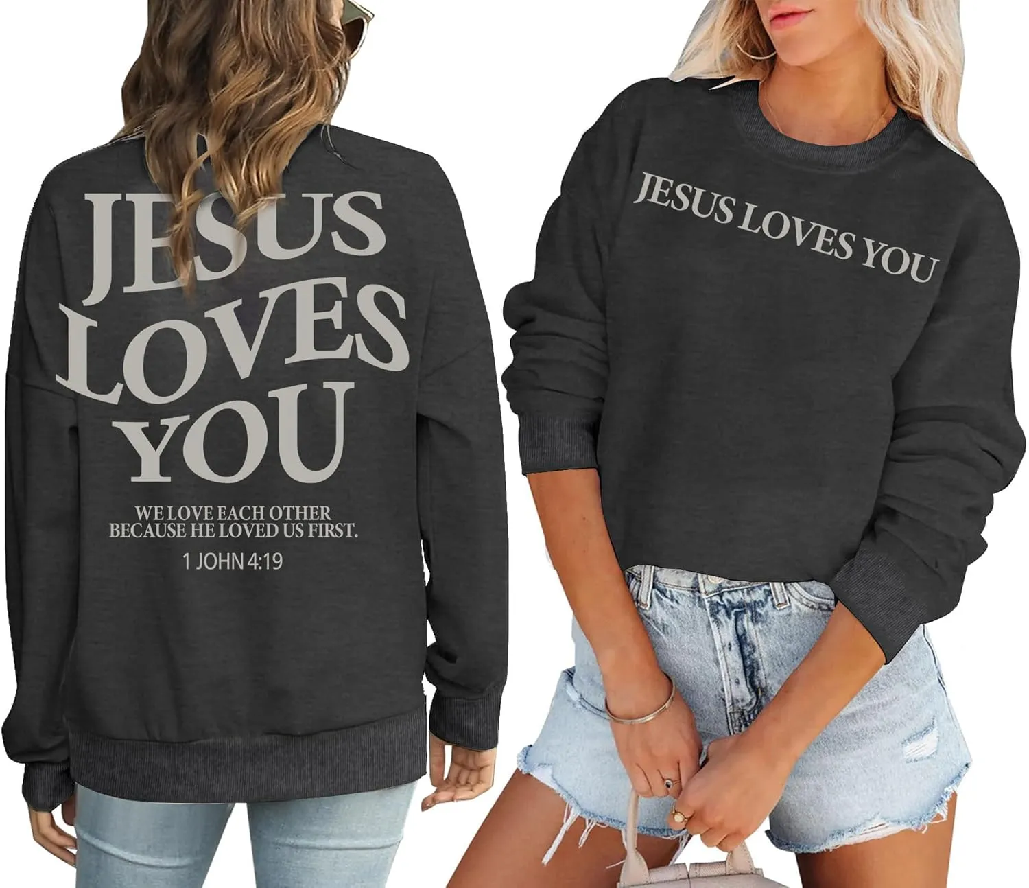 Christian Sweatshirts for Women - Jesus is King & Jesus Loves You Letter Sweatshirt & Sweater