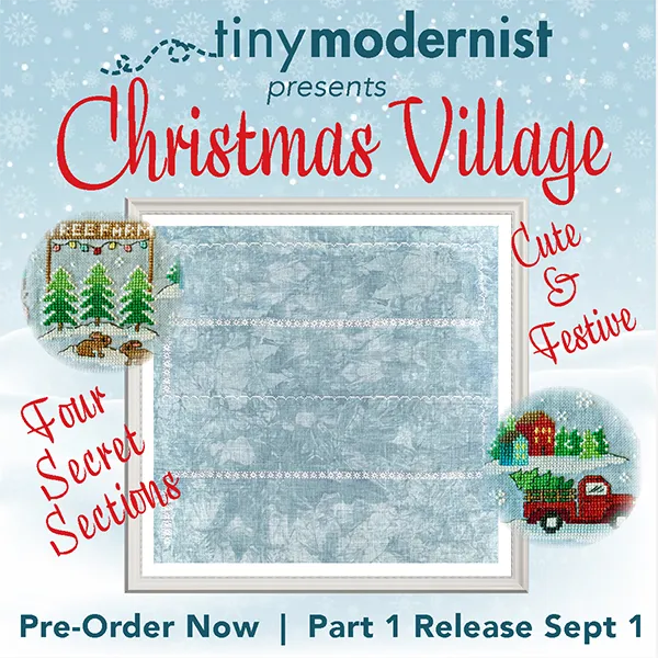 Christmas Is Here! Christmas Village Part 4 3.5in x 3.5in 2019 Holiday SAL Cross Stitch Drum Kit from Tiny Modernist Pattern, Linen, DMC Floss, Floss