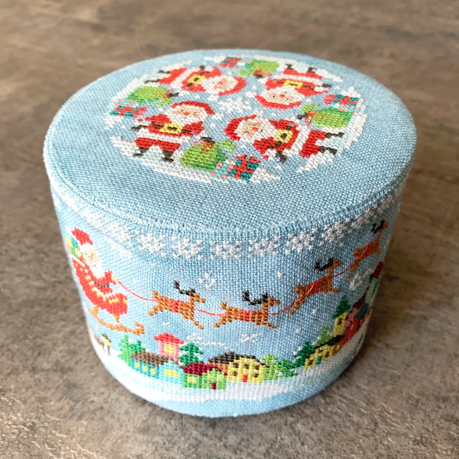 Christmas Is Here! Christmas Village Part 4 3.5in x 3.5in 2019 Holiday SAL Cross Stitch Drum Kit from Tiny Modernist Pattern, Linen, DMC Floss, Floss