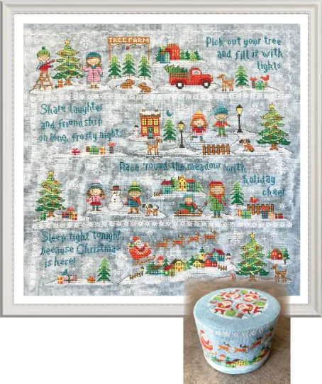 Christmas Is Here! Christmas Village Part 4 3.5in x 3.5in 2019 Holiday SAL Cross Stitch Drum Kit from Tiny Modernist Pattern, Linen, DMC Floss, Floss