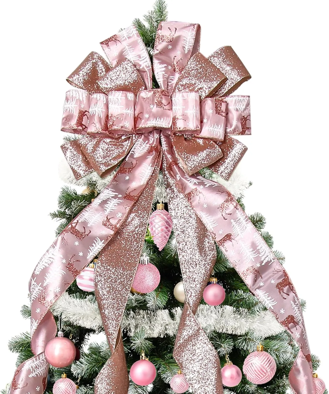 Christmas Tree Topper Christmas Wreath Bow, 52*13 inches Large Tree Toppers Bow with Glitter Streamer and Patterned Ribbon for Xmas Tree Décor Christmas Home Indoor Outdoor Decoration Lake Rose Gold