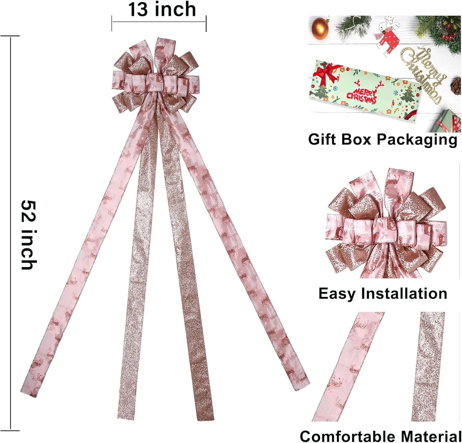 Christmas Tree Topper Christmas Wreath Bow, 52*13 inches Large Tree Toppers Bow with Glitter Streamer and Patterned Ribbon for Xmas Tree Décor Christmas Home Indoor Outdoor Decoration Lake Rose Gold