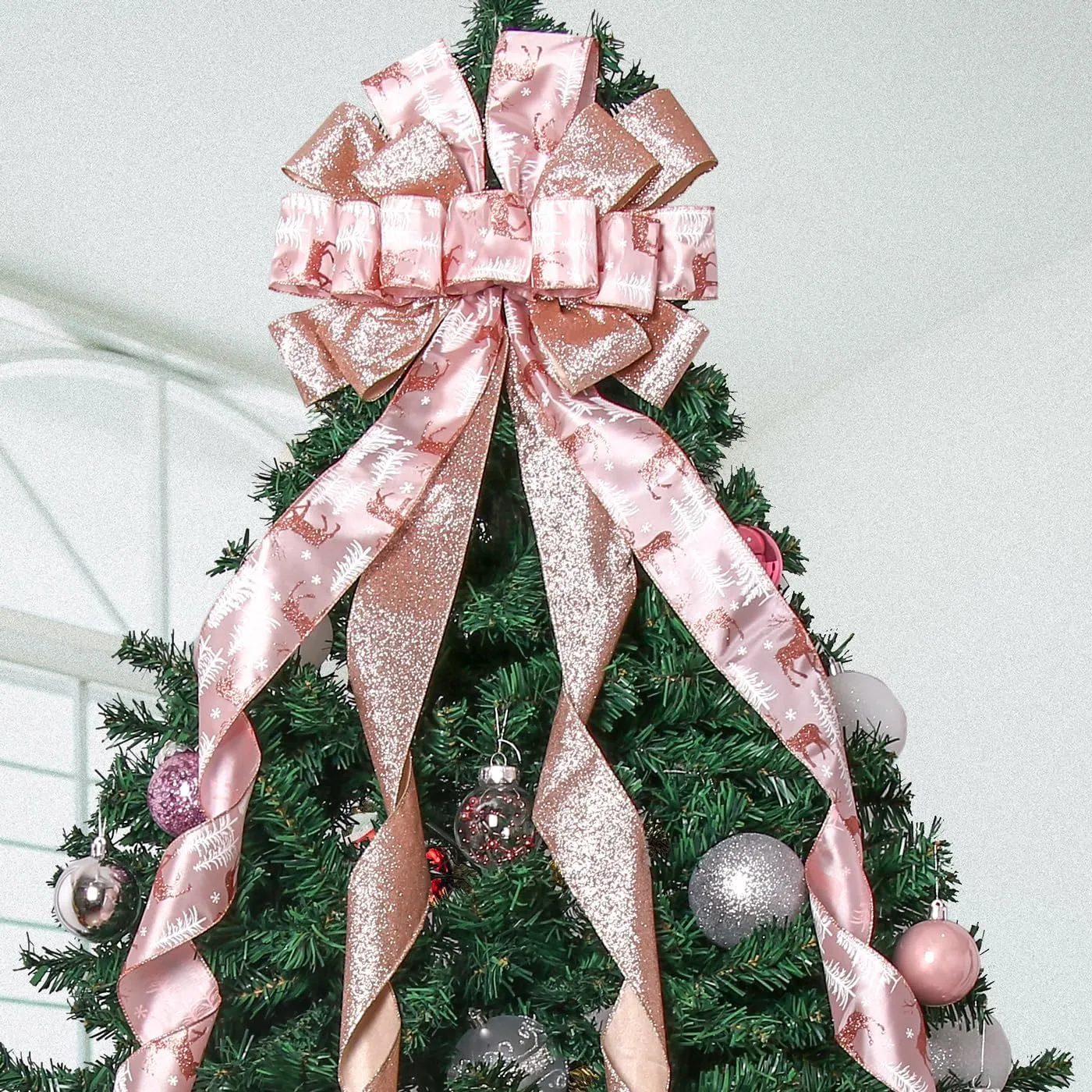 Christmas Tree Topper Christmas Wreath Bow, 52*13 inches Large Tree Toppers Bow with Glitter Streamer and Patterned Ribbon for Xmas Tree Décor Christmas Home Indoor Outdoor Decoration Lake Rose Gold