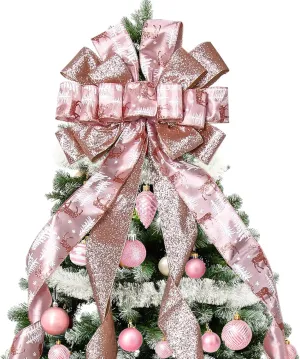 Christmas Tree Topper Christmas Wreath Bow, 52*13 inches Large Tree Toppers Bow with Glitter Streamer and Patterned Ribbon for Xmas Tree Décor Christmas Home Indoor Outdoor Decoration Lake Rose Gold