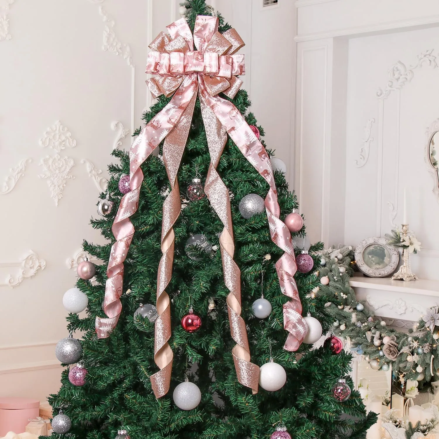 Christmas Tree Topper Christmas Wreath Bow, 52*13 inches Large Tree Toppers Bow with Glitter Streamer and Patterned Ribbon for Xmas Tree Décor Christmas Home Indoor Outdoor Decoration Lake Rose Gold