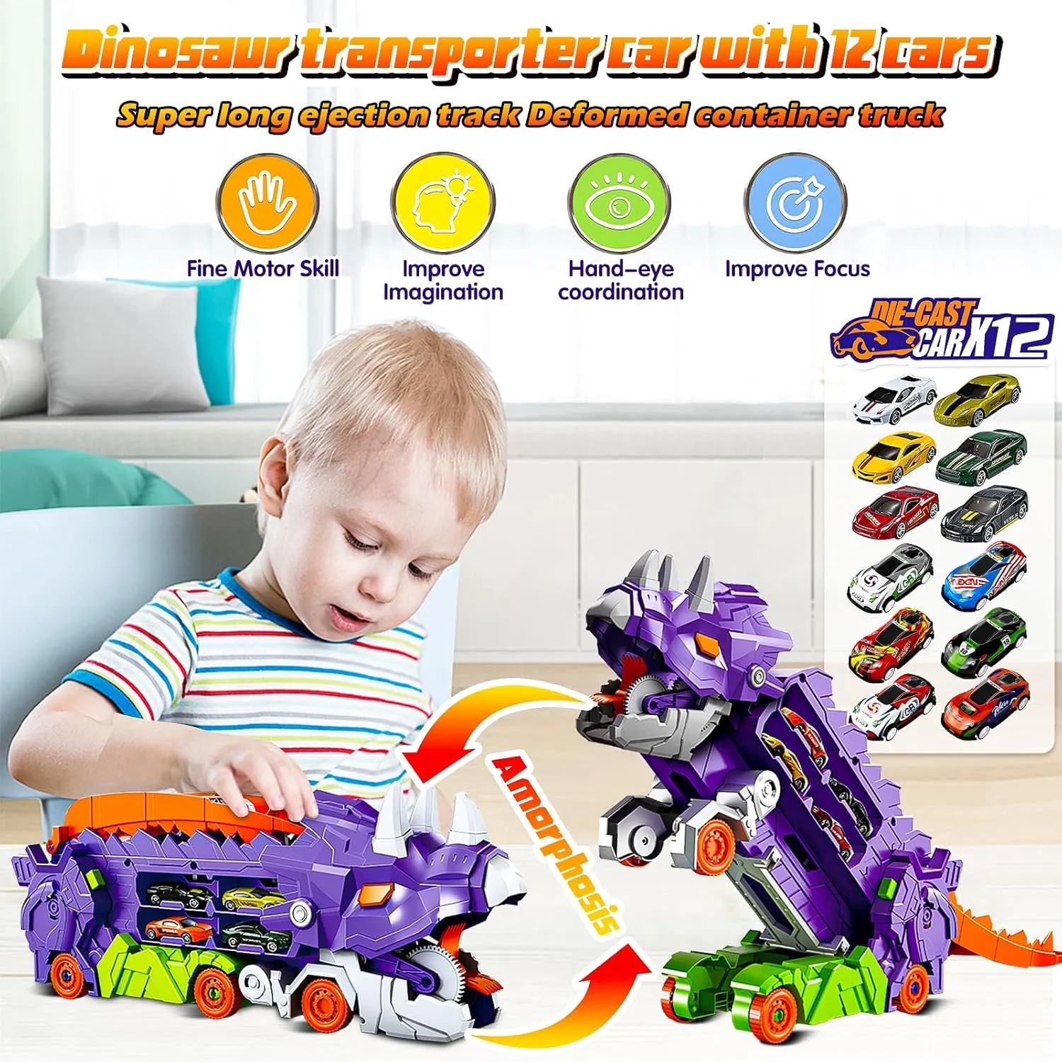 City Dinosaur Ultimate Hauler Track Toy，Dinosaur Cars Transport Truck Carrier，Toddler Car Toy Set Gifts for Boys and Girls,Toddler Toys Gifts for Kids Ageses 3 4 5 6 7 8 Years Old(12 Cars)