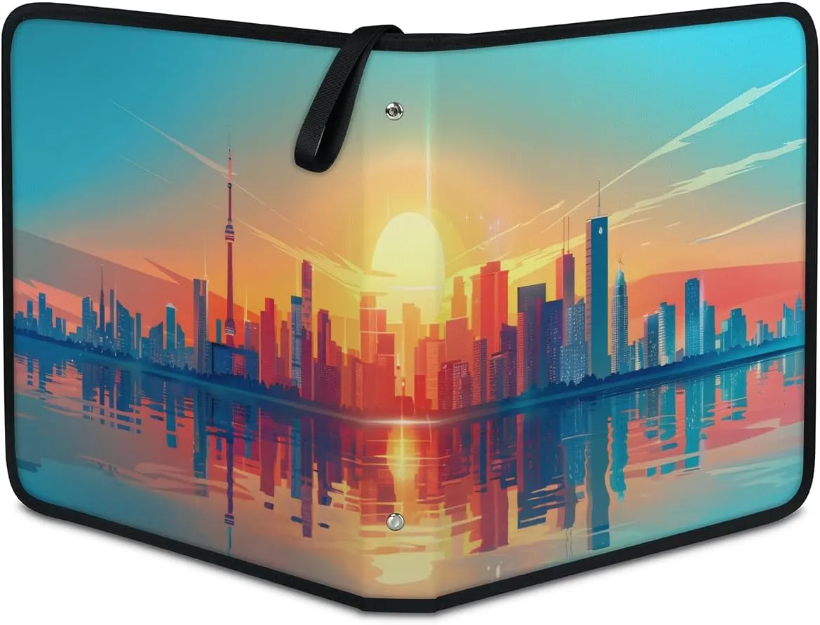 City Landscape 3 Ring Trading Zipper Binder Strap, Trading Card Binder 4 Pocket, 400 Pockets Card Holder with 50 Removable Sleeves for Game Cards
