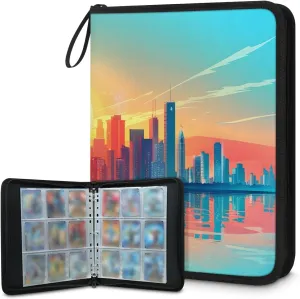 City Landscape 3 Ring Trading Zipper Binder Strap, Trading Card Binder 4 Pocket, 400 Pockets Card Holder with 50 Removable Sleeves for Game Cards