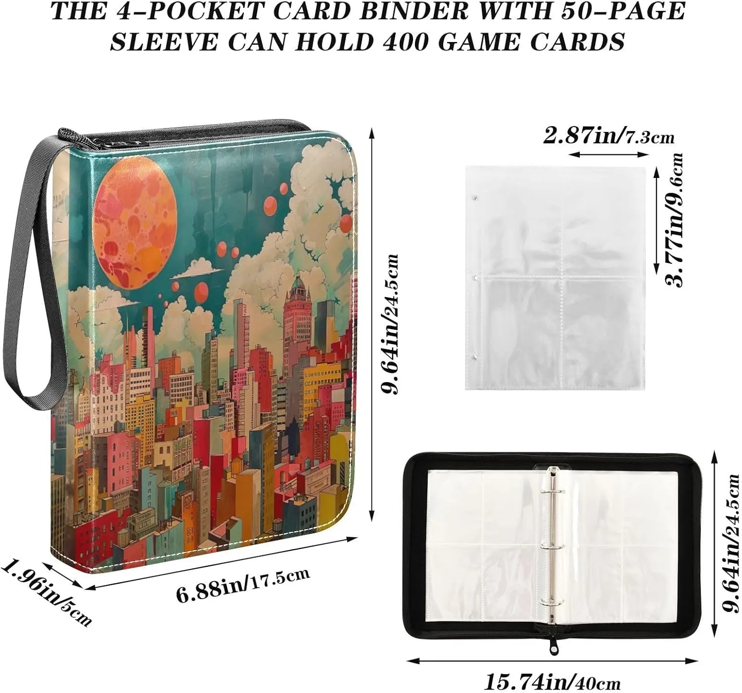 City Painting Trading Card Storage Binder, 4 Pocket Trading Card Binder 400 Cards Capacity for Sports Cards, Game Cards