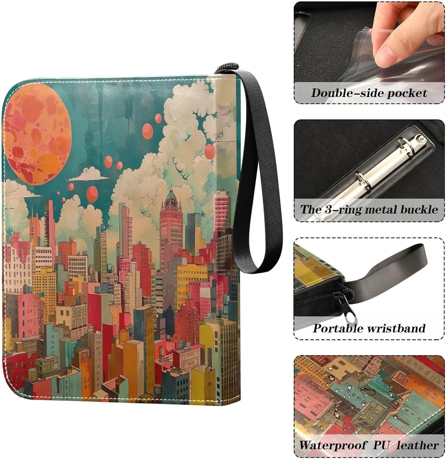 City Painting Trading Card Storage Binder, 4 Pocket Trading Card Binder 400 Cards Capacity for Sports Cards, Game Cards
