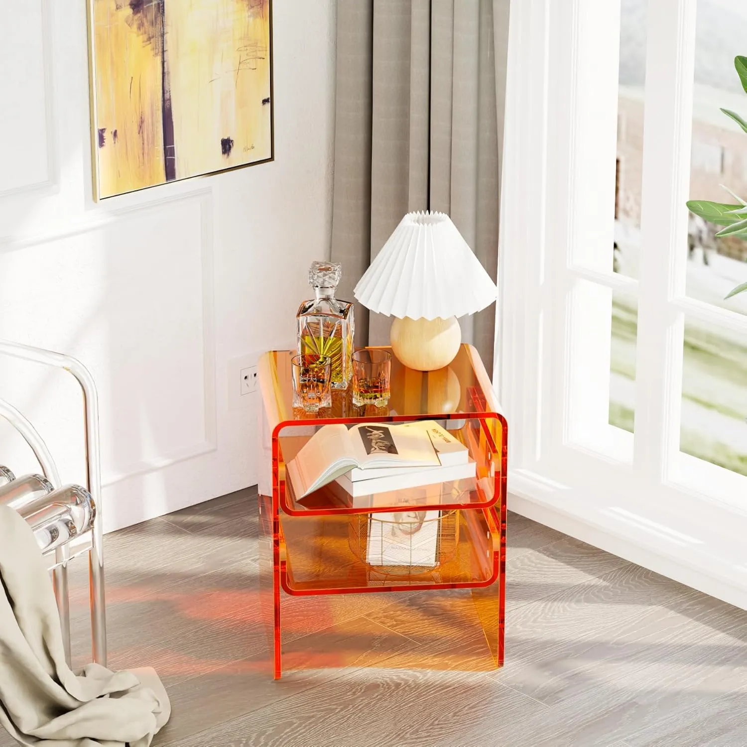 Clear Acrylic 3-Tier End Table/Nightstand – Sleek Bedside Storage with Durable Design, Perfect for Bedrooms, Living Rooms, or Modern Interiors – Ideal as a Bedside Table or Sofa Side Piece (Orange)