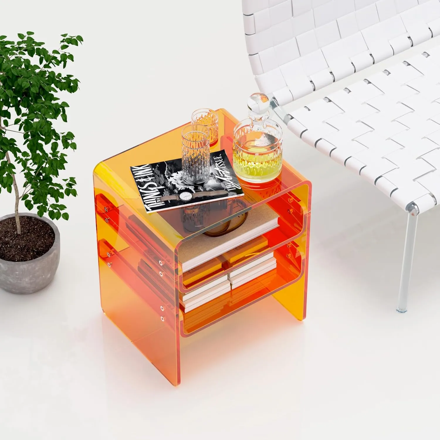 Clear Acrylic 3-Tier End Table/Nightstand – Sleek Bedside Storage with Durable Design, Perfect for Bedrooms, Living Rooms, or Modern Interiors – Ideal as a Bedside Table or Sofa Side Piece (Orange)
