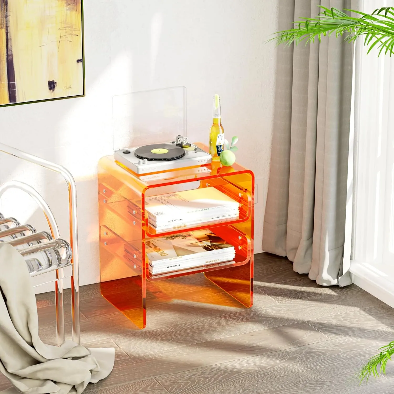 Clear Acrylic 3-Tier End Table/Nightstand – Sleek Bedside Storage with Durable Design, Perfect for Bedrooms, Living Rooms, or Modern Interiors – Ideal as a Bedside Table or Sofa Side Piece (Orange)