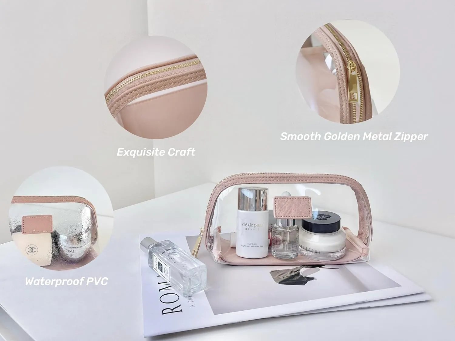 Clear Makeup Bag, Leather Makeup Case, Travel Toiletry Bag, Portable Cosmetic Bag, Transparent Waterproof Cosmetic Organizer Storage Bag (Pink, Small)