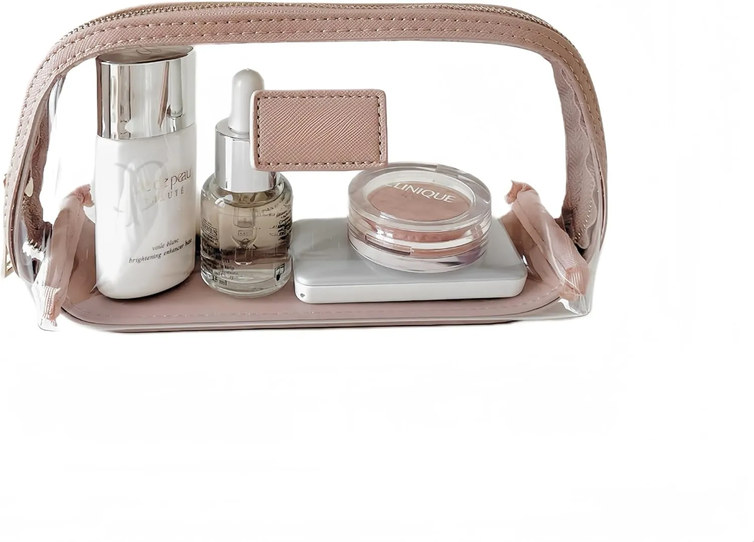 Clear Makeup Bag, Leather Makeup Case, Travel Toiletry Bag, Portable Cosmetic Bag, Transparent Waterproof Cosmetic Organizer Storage Bag (Pink, Small)