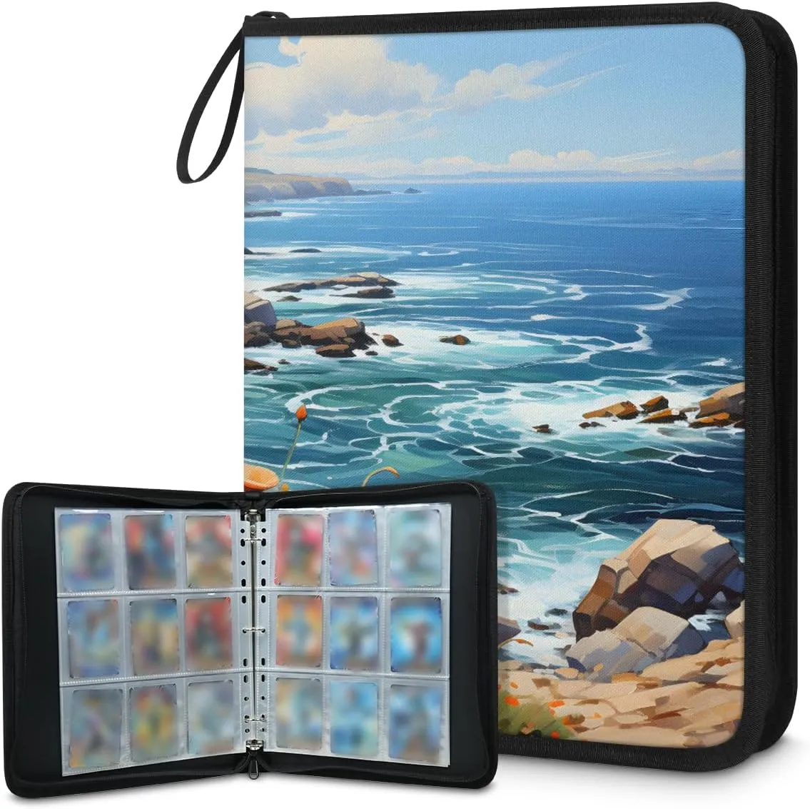 Cliff Flower 3 Ring Trading Zipper Binder Strap, Trading Card Binder 4 Pocket, 400 Pockets Card Holder with 50 Removable Sleeves for Game Cards