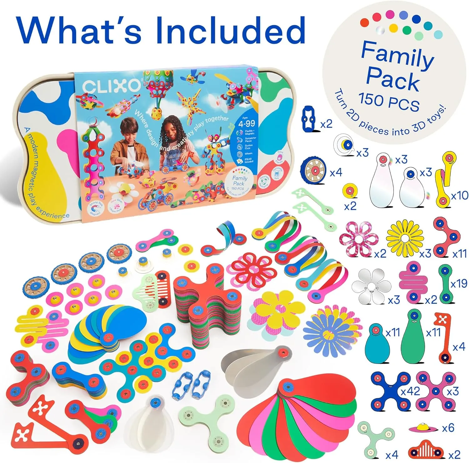 Clixo Family Pack – 150-Piece Flexible Magnetic Building Toy for Creative Family Play | STEAM Learning, Open-Ended Play. Perfect for Collaborative Fun, Travel, and Educational Bonding. Ages 4 