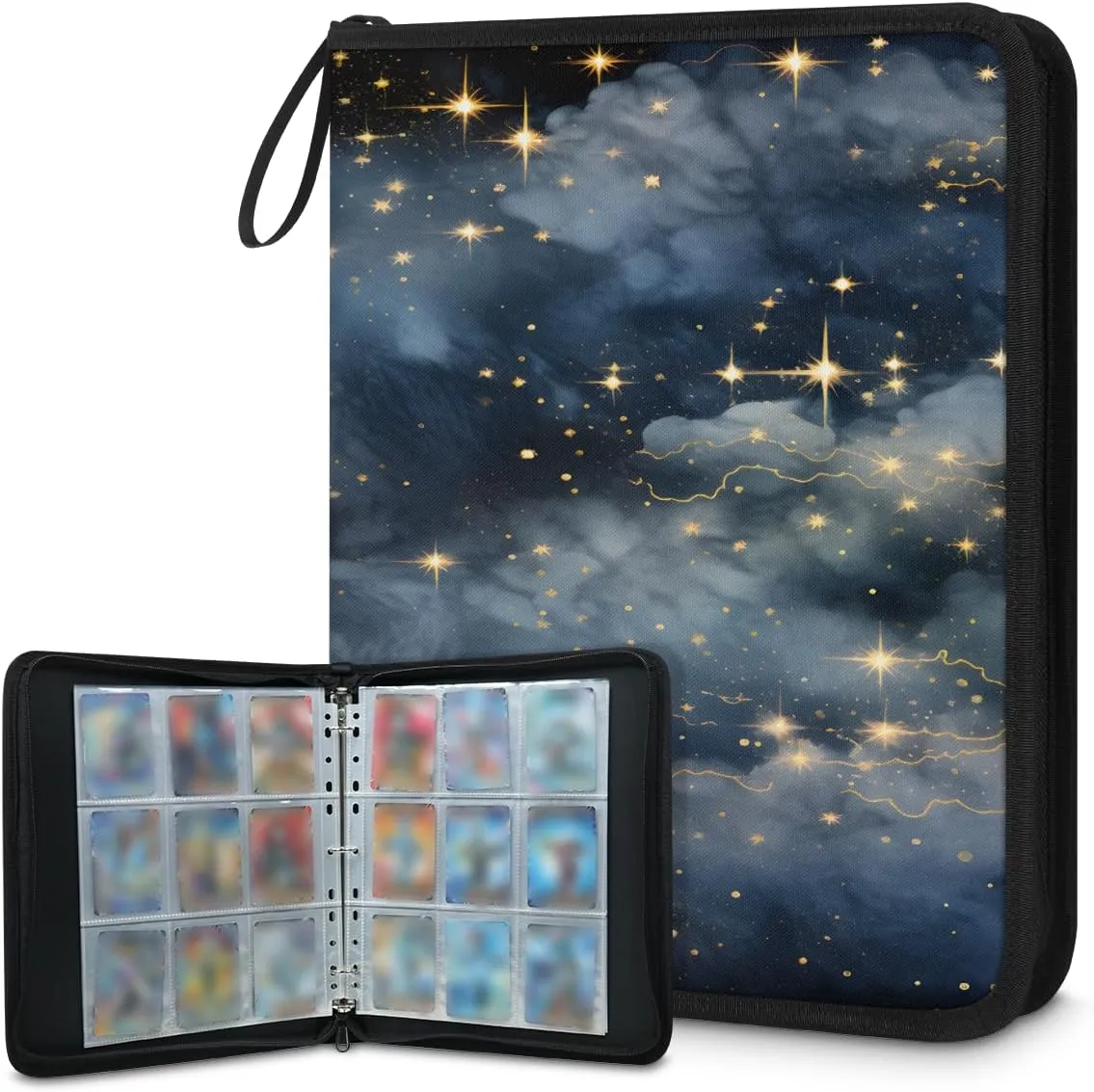 Cloud Starry Sky 3 Ring Trading Zipper Binder Strap, Trading Card Binder 9 Pocket, 900 Pockets Card Holder with 50 Removable Sleeves for Game Cards
