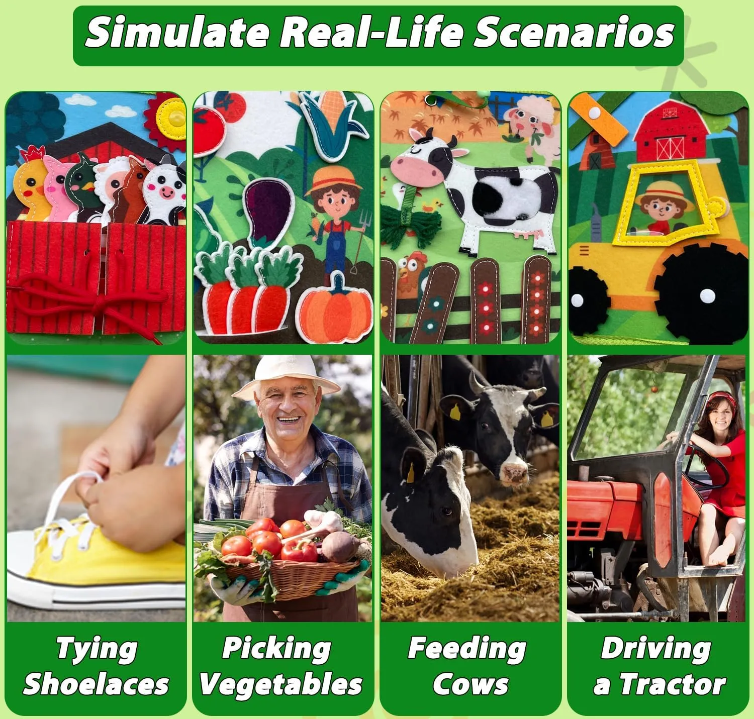 Cobelae Montessori Busy Book for Toddlers 1-3, Farm Quiet Book for Tooddlers 1 2 3 4 5 6, Toddler Activities Book with Life Skills, Cognition, Sorting, Travel Toy for Kids, Boys and Girls Gift