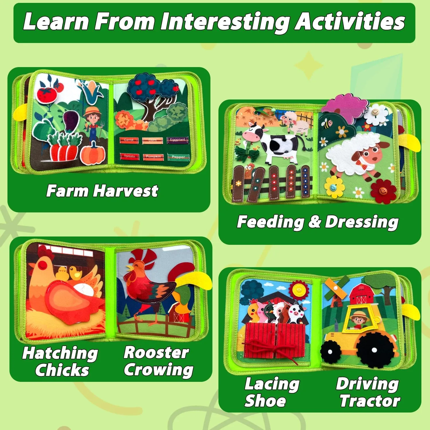 Cobelae Montessori Busy Book for Toddlers 1-3, Farm Quiet Book for Tooddlers 1 2 3 4 5 6, Toddler Activities Book with Life Skills, Cognition, Sorting, Travel Toy for Kids, Boys and Girls Gift