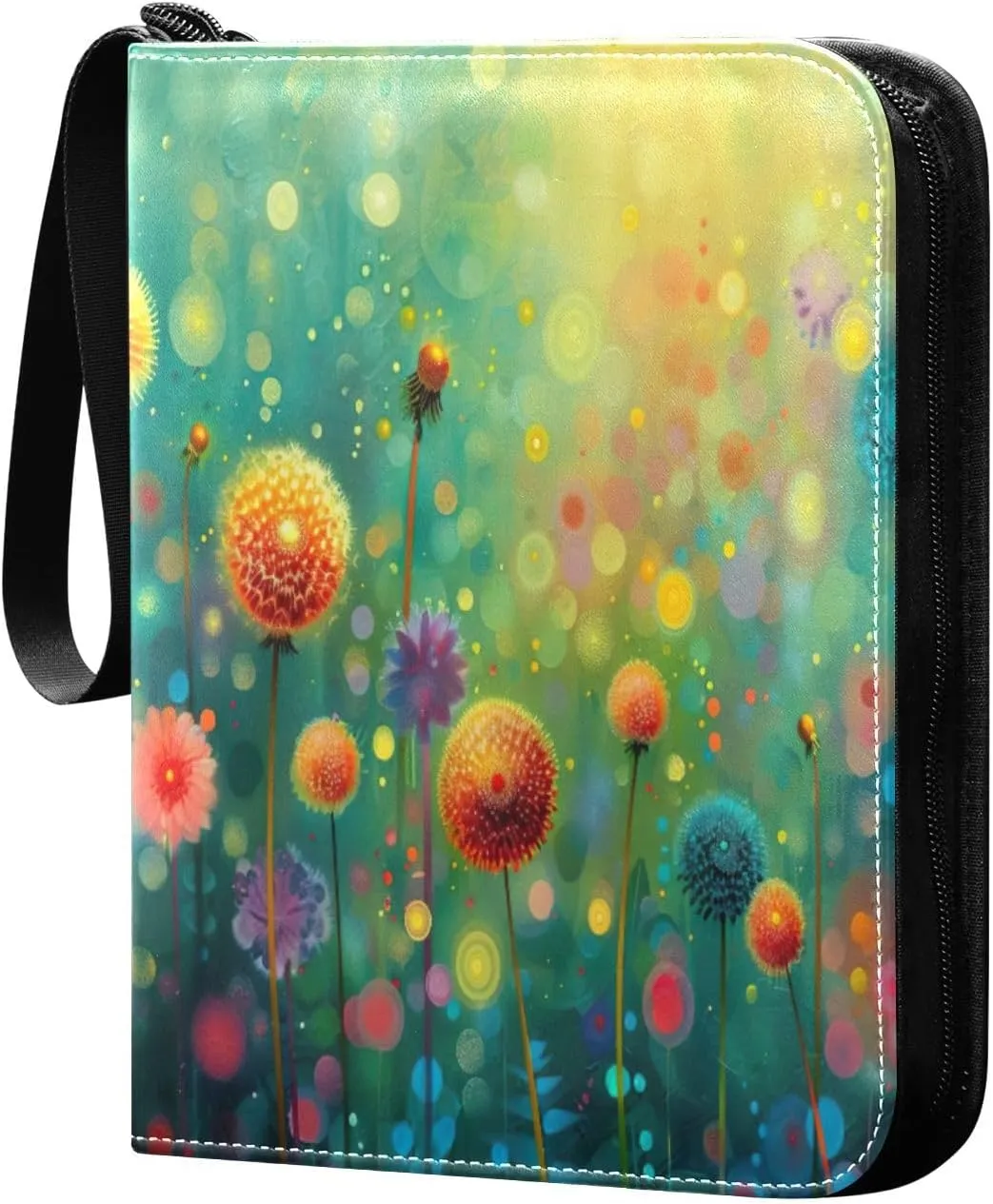 Colorful Dandelion Flowers Card Binder 4-Pocket, 400 Pockets Card Holder with 50 Removable Sleeves and Zipper for Games Baseball Football Sports Card