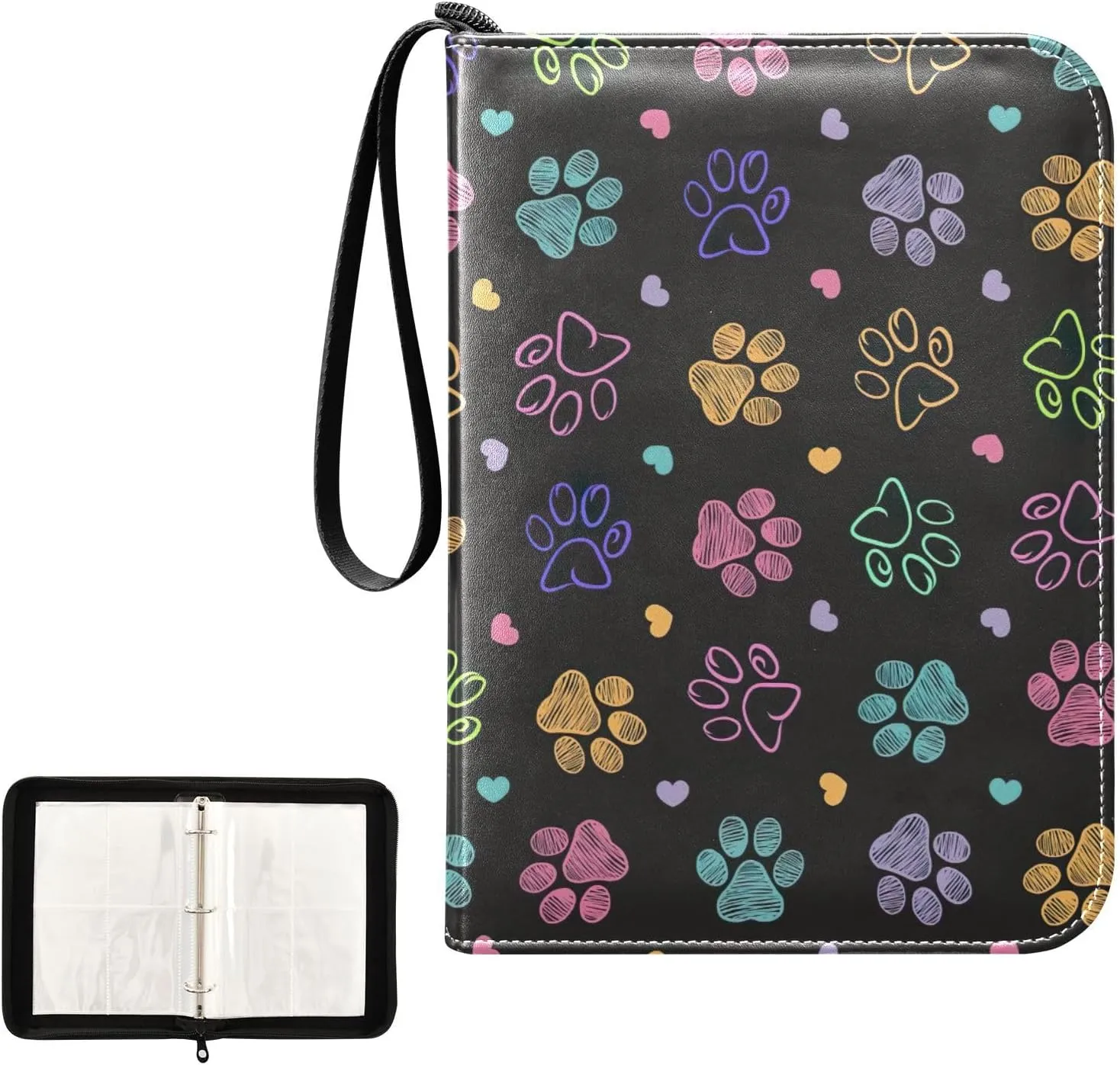 Colorful Doodle Paw Print Binder Cards 4 Pocket Photocard Holder Fits 400 Cards Trading Card Binder Zipper