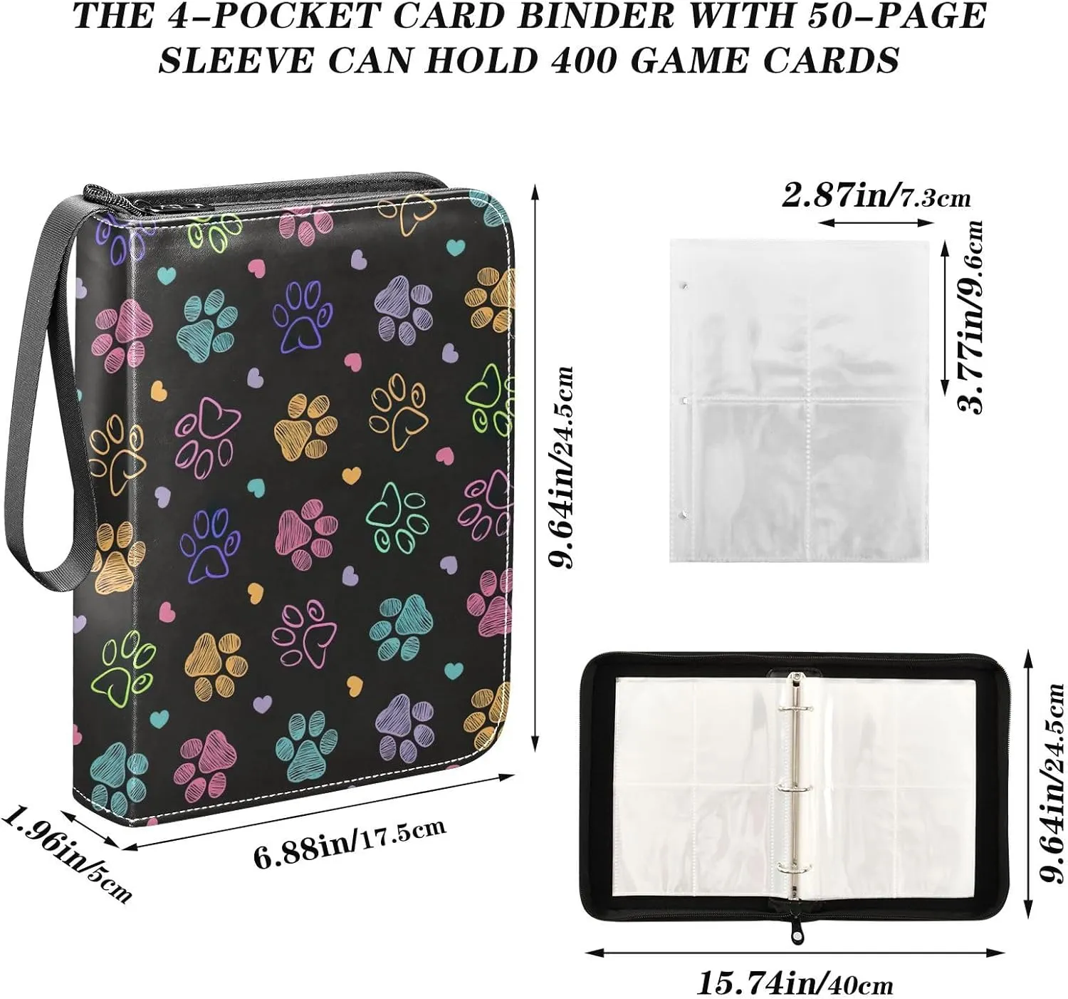 Colorful Doodle Paw Print Binder Cards 4 Pocket Photocard Holder Fits 400 Cards Trading Card Binder Zipper
