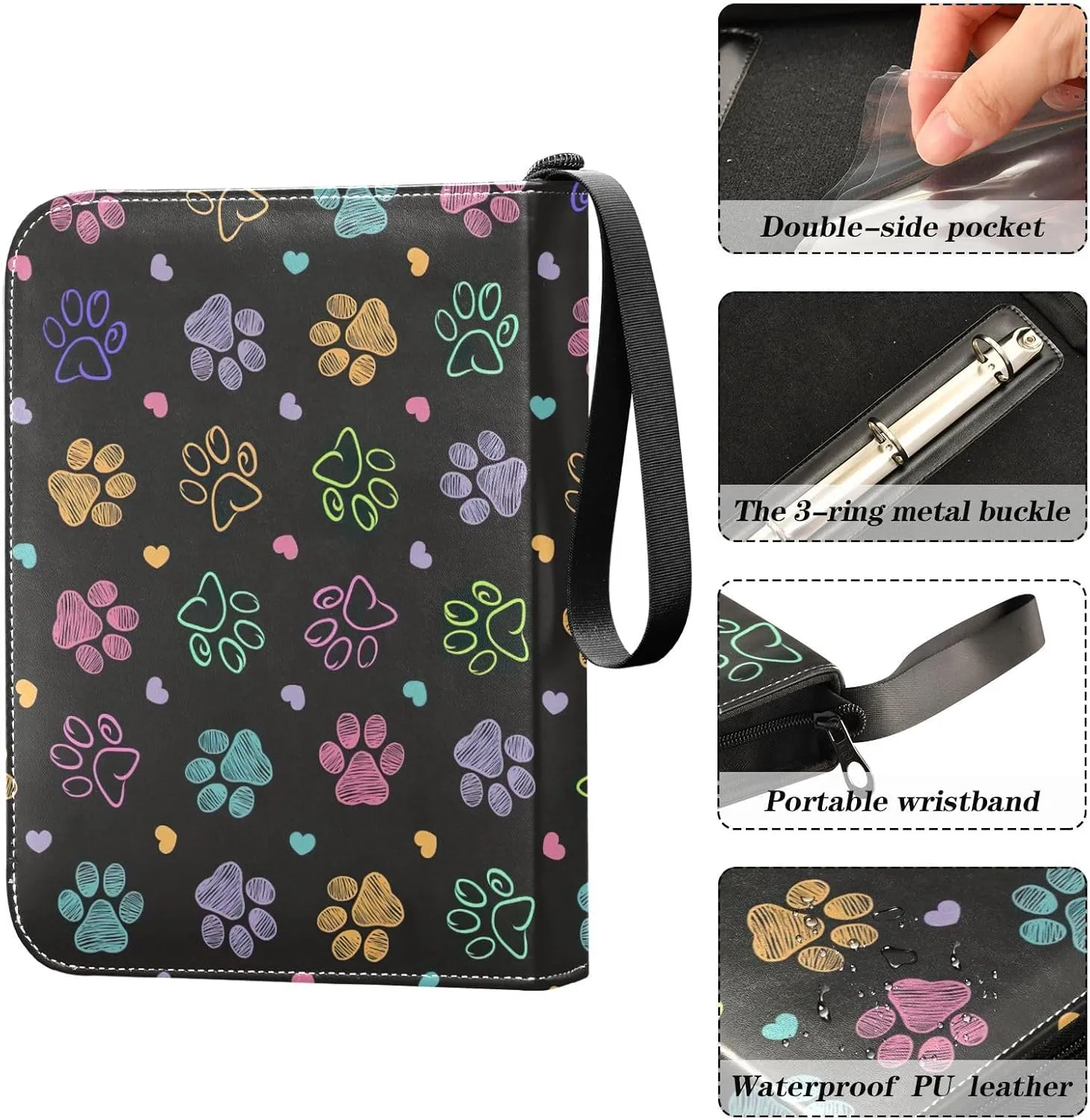 Colorful Doodle Paw Print Binder Cards 4 Pocket Photocard Holder Fits 400 Cards Trading Card Binder Zipper