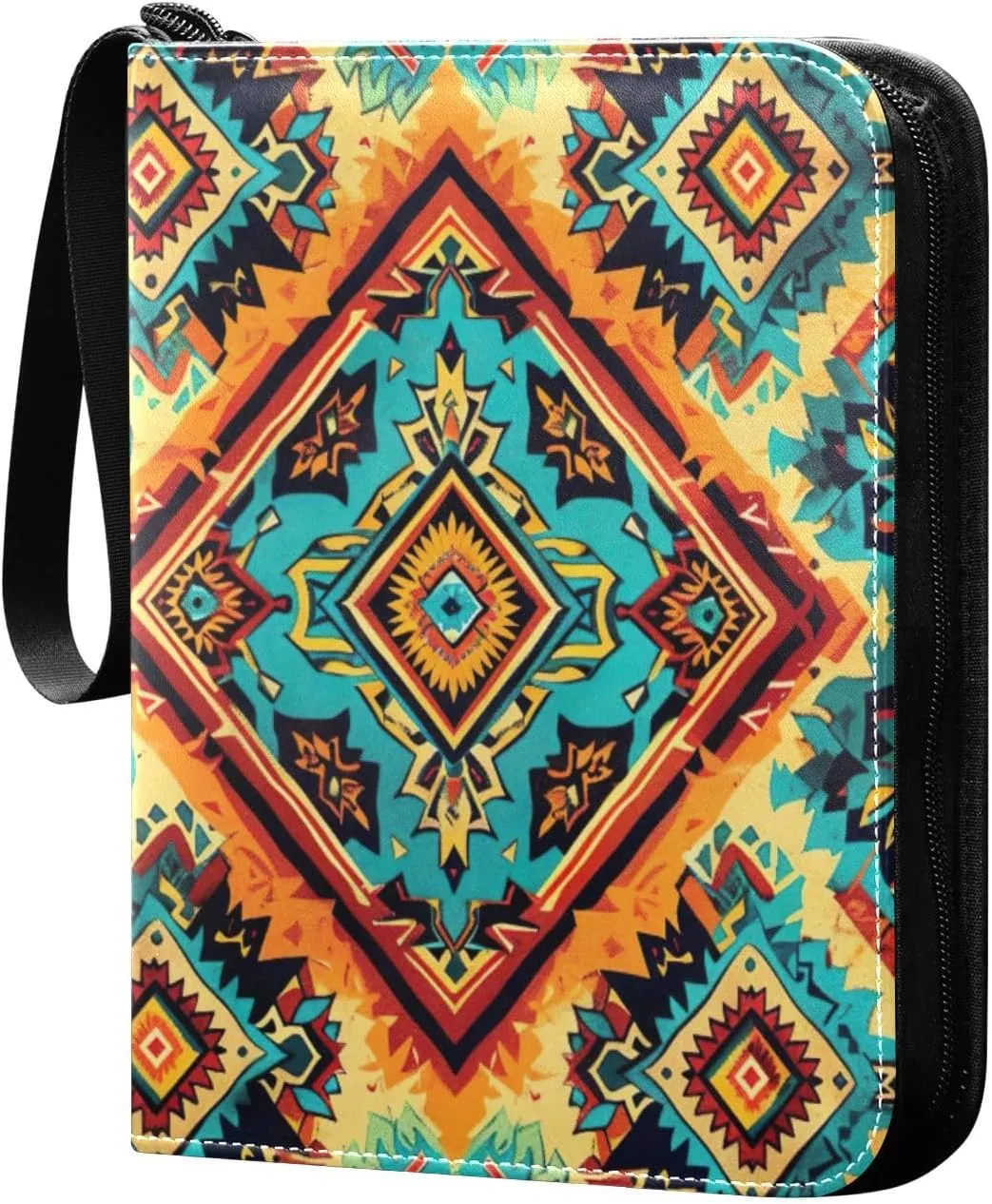 Colorful Ethnic Geometric Card Binder 4-Pocket, 400 Pockets Card Holder with 50 Removable Sleeves and Zipper for Games Baseball Football Sports Card