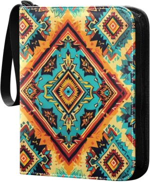 Colorful Ethnic Geometric Card Binder 4-Pocket, 400 Pockets Card Holder with 50 Removable Sleeves and Zipper for Games Baseball Football Sports Card