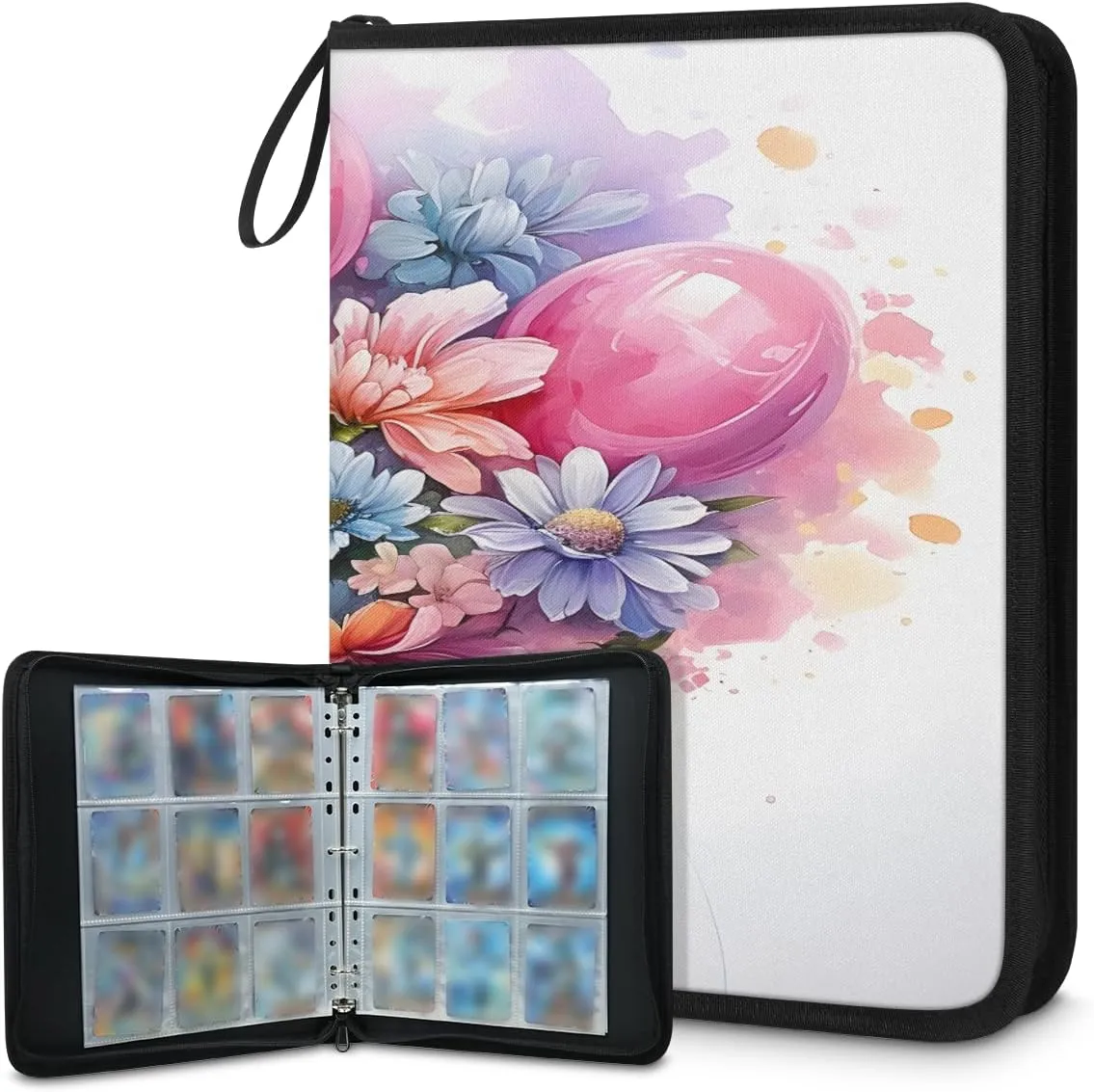 Colorful Flower Balloons 3 Ring Trading Zipper Binder Strap, Trading Card Binder 4 Pocket, 400 Pockets Card Holder with 50 Removable Sleeves for Game Cards