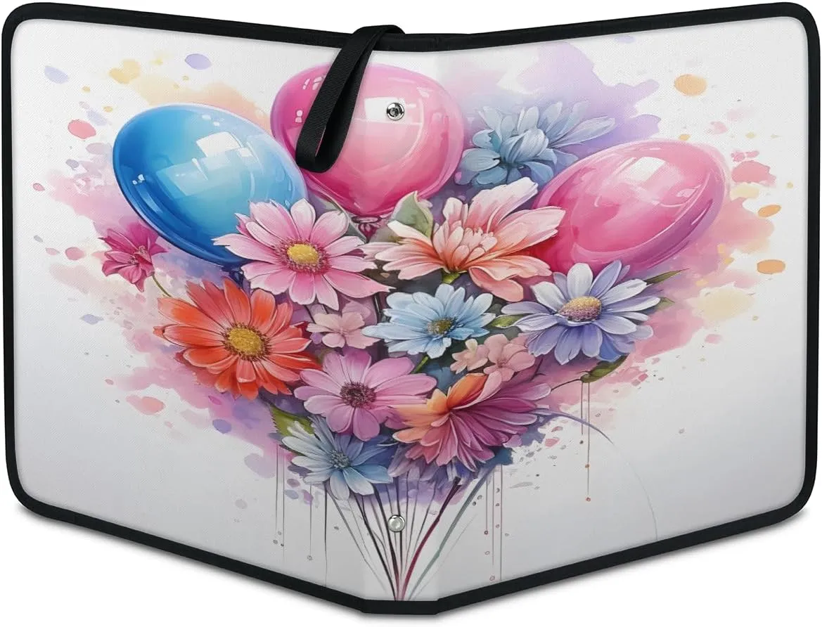 Colorful Flower Balloons 3 Ring Trading Zipper Binder Strap, Trading Card Binder 4 Pocket, 400 Pockets Card Holder with 50 Removable Sleeves for Game Cards