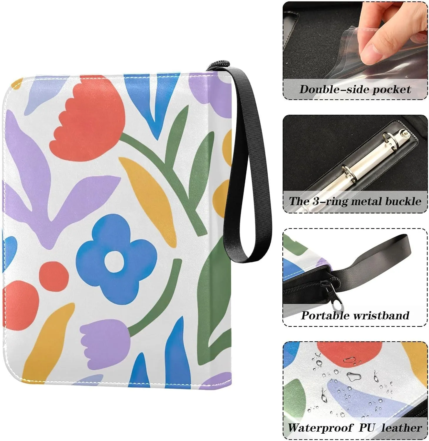 Colorful Flower Small Card Binder, Zip up 3 Ring Binder Fits 400 Cards for Sports Cards, Game Cards