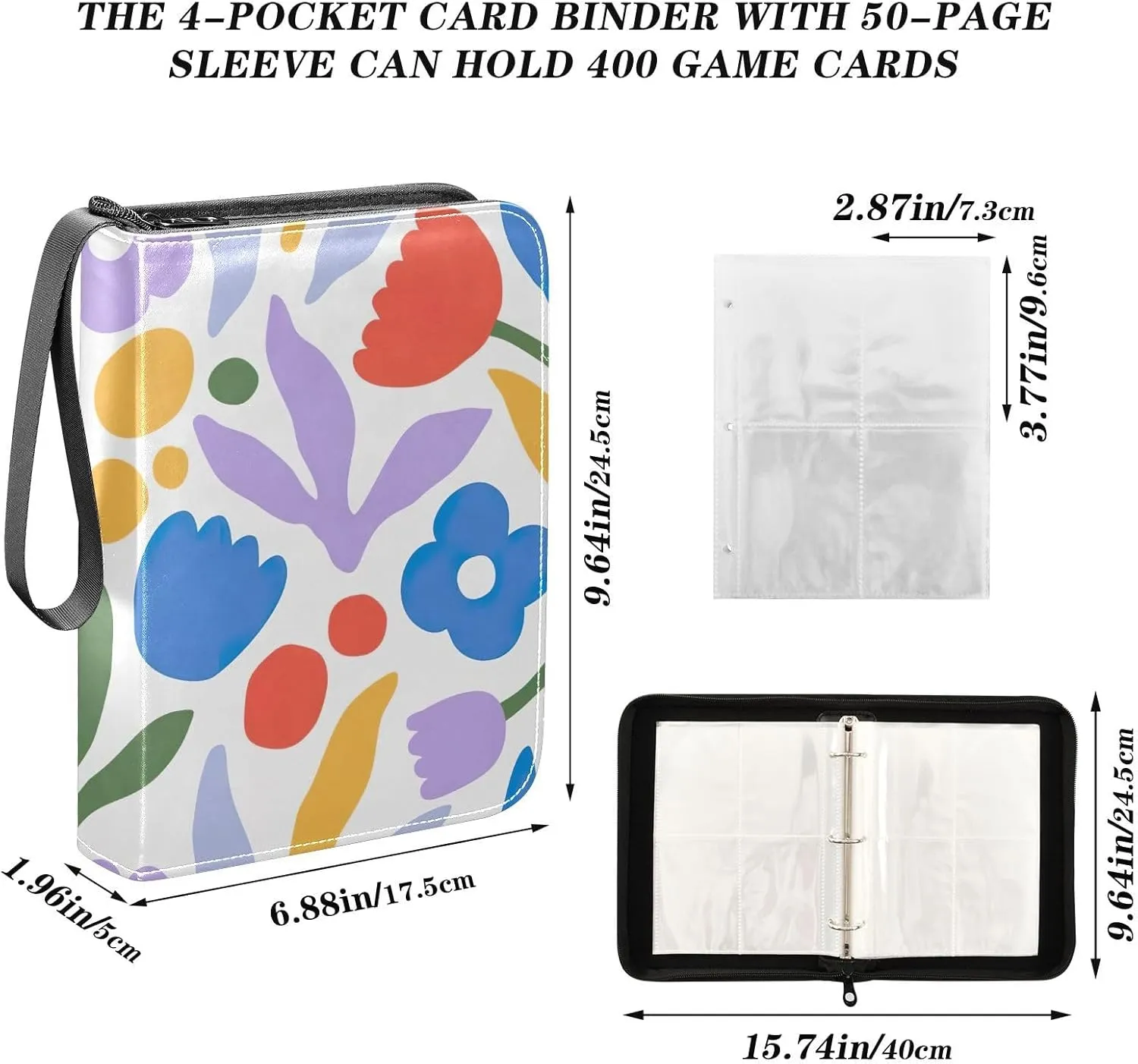 Colorful Flower Small Card Binder, Zip up 3 Ring Binder Fits 400 Cards for Sports Cards, Game Cards