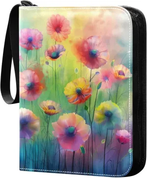 Colorful Flowers Painting Card Binder, 400 Pockets Card Holder with 50 Sleeves, Sturdy Card Holder Folders for Game Cards & Sports Cards
