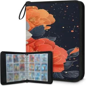 Colorful Roses 3 Ring Trading Zipper Binder Strap, Trading Card Binder 4 Pocket, 400 Pockets Card Holder with 50 Removable Sleeves for Game Cards